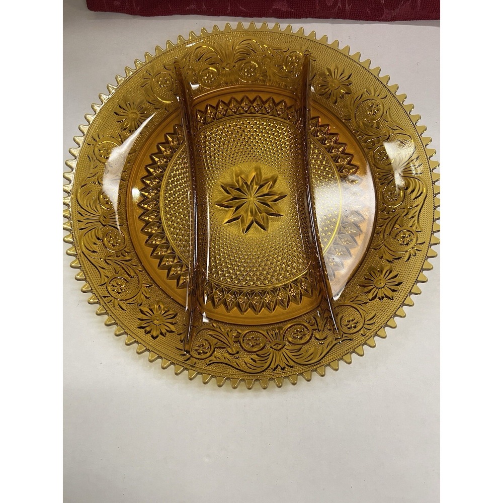 Vtg Tiara Indiana Sandwich Pattern Amber Round Divided Vegetable Platter (897) - Picture 1 of 10